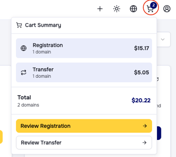 Cart icon in the opusdns dashboard. Continue with your domain registration or transfer from there.