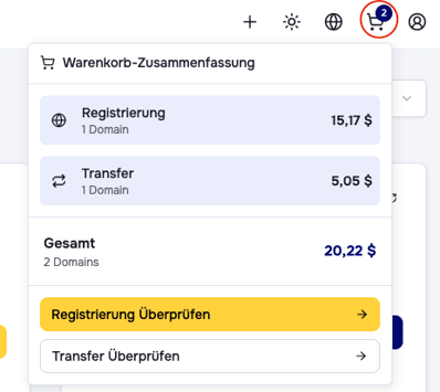 Warenkorb und Checkout Button im OpusDNS Dashboard