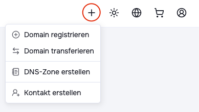 Quick Action Menü im OpusDNS Dashboard