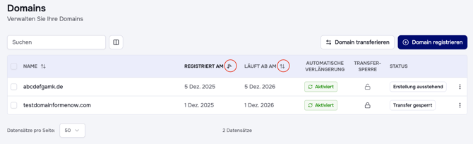 Sortieren von Tabellen im opusdns dashboard