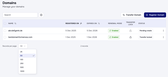 The amount of displayed table entries can be changed via the dropdown menu below your table